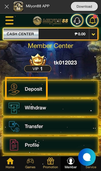 Step 1: MILYON88 app login and log in to your betting account. Then select “Deposit”.