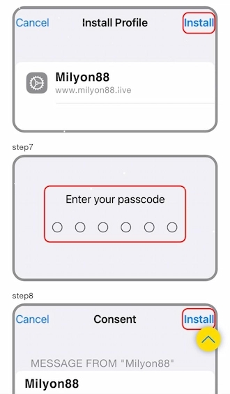 Step 4: In the Install profile interface of MILYON88 free, click “Install” in the top right corner. 